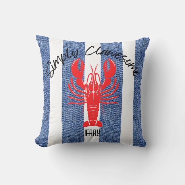 Cojín Decorativo "SENCILLAMENTE GENIAL" Red Lobster en Rayas de Den (Anverso)