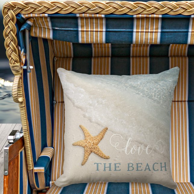 Cojín Decorativo Sencillas olas Starfish Beach House Pillow (Simple starfish beach waves coastal nautical pillow with (optional) script text)