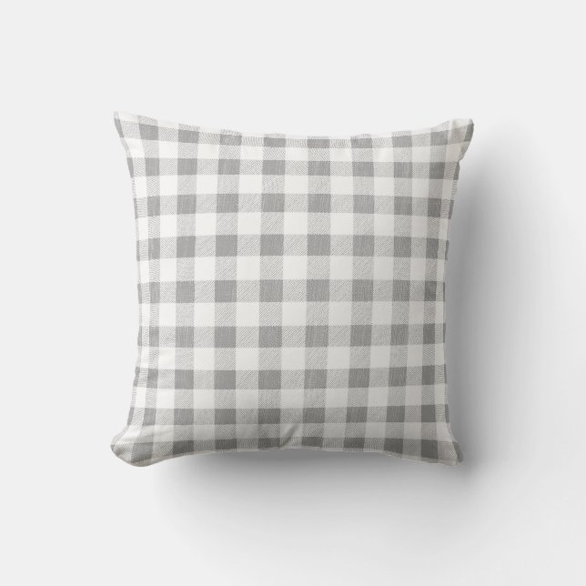 Cojín Decorativo Sencillo Gris Blanco Rústico Gingham Plaid (Anverso)