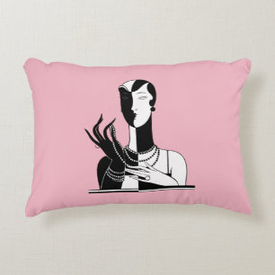Cojín Decorativo Señora del Art Deco Vintage con Perlas Blk Blanco