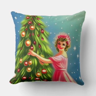 Cojín Decorativo Señora y árbol de Navidad vintage retro caprichoso