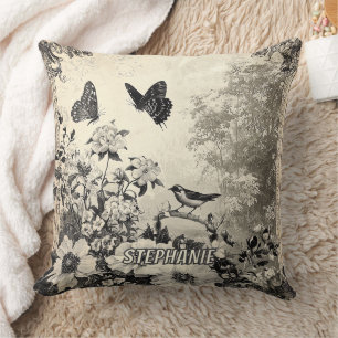 Cojín Decorativo Sepia Botánico Aves Mariposas Vintage