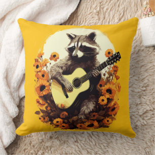 Cojín Decorativo Serenata de Guitarra de Mapache en Girasoles