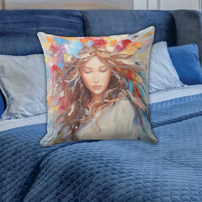 Cojín Decorativo Serene Resumen Angel Pillow - Artista vibrante (Serene Bright Colorful Angel Abstract Pillows on a Blue Bed Free Spirit Vibe for Any Age)
