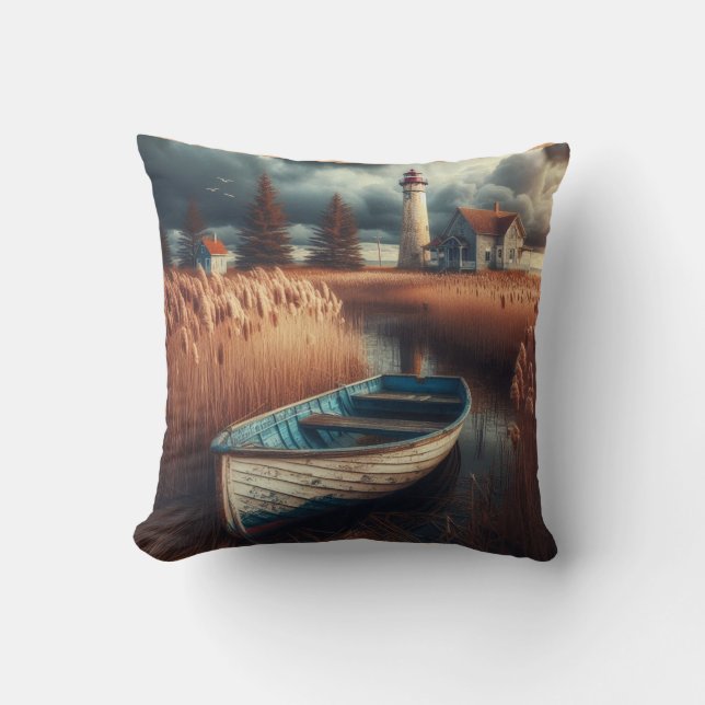 Cojín Decorativo Serenidad costera: Faro y bote de remos (Anverso)
