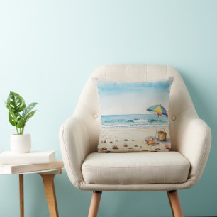 Cojín Decorativo Serenidad costera: Flores acuáticas en la playa
