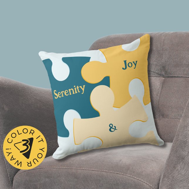 Cojín Decorativo Serenidad y alegría Piezas de rompecabezas azules  (Serenity & Joy Blue & Yellow Puzzle Pieces Throw Pillow)