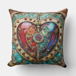 Cojín Decorativo Serie de Steampunk Heart de Vidrio Manchado Rojo y