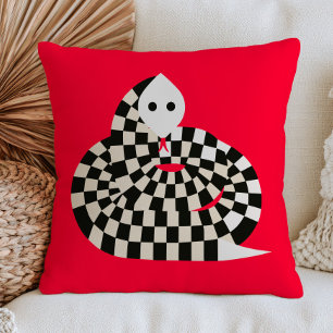 Cojín Decorativo Serpiente de cuadros sobre rojo vibrante funky max