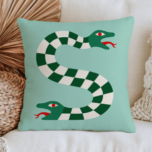 Cojín Decorativo Serpiente de dos cabezas en patrón de cuadros verd