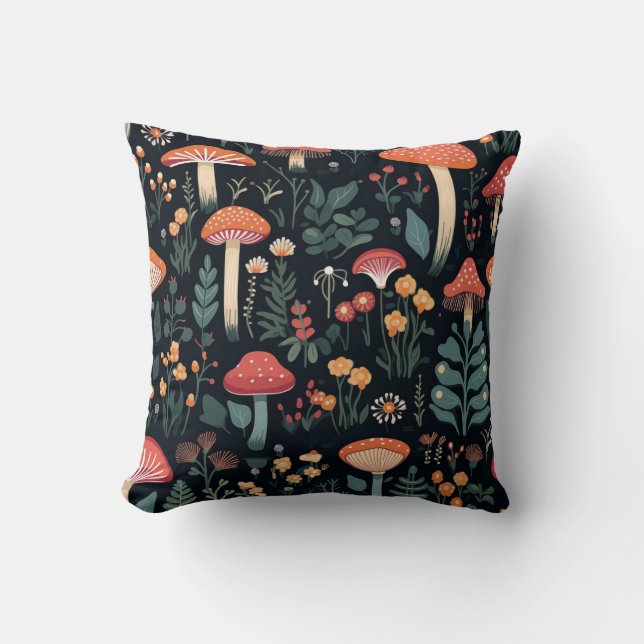 Cojín Decorativo Setas y follaje en fondo negro (Anverso)