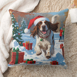 Cojín Decorativo Setter Inglés Corriendo en Nieve con Sombrero de N