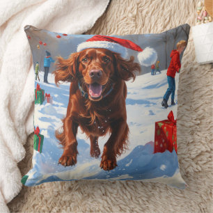 Cojín Decorativo Setter Rojo Irlandés Corriendo en la Nieve con Som