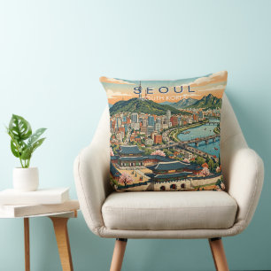 Cojín Decorativo Seúl Corea del Sur Viaje Arte Vintage