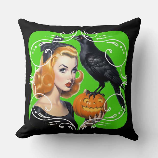 Cojín Decorativo Sexy Halloween Chica y Raven (Anverso)