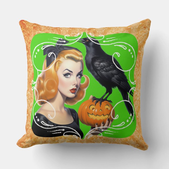 Cojín Decorativo Sexy Halloween Chica y Raven (Anverso)
