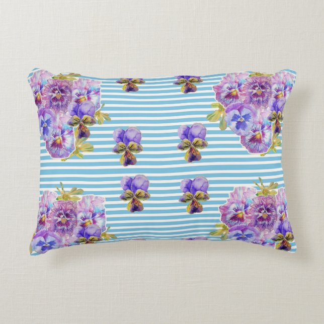 Cojín Decorativo Shabby Chic Pansy Pastel Blue Stripe Cushion (Anverso)