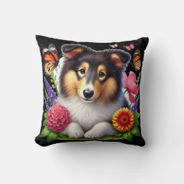 Cojín Decorativo Sheepdog de Shetland con flores y mariposas