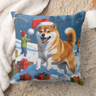 Cojín Decorativo Shiba Inu corriendo en la nieve con sombrero de Na