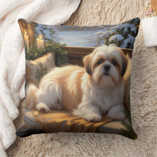 Cojín Decorativo Shih Tzu con vacaciones de Navidades alumbrados