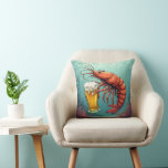 Cojín Decorativo Shrimp Holding a Glass of Beer<br><div class="desc">A cartoon shrimp is holding a glass of beer while swimming in the ocean,  surrounded by bubbles and coral</div>