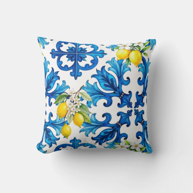 Cojín Decorativo Siciliano, verano, limón, mosaico, azul (Anverso)