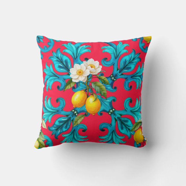 Cojín Decorativo siciliano, verano, limón, mosaico, rosa, (Reverso)