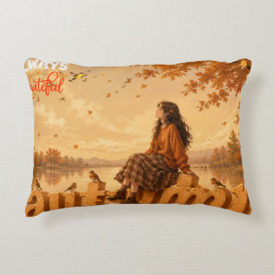 Cojín Decorativo Siempre agradecida Chica de otoño sentada en otoño