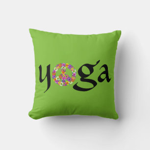 Cojín Decorativo Signo de paz de yoga con flor en el verde animado