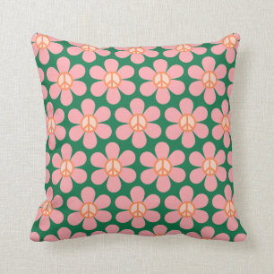 Cojín Decorativo Signo de Paz Floral Retro Hippie Verde y Rosa