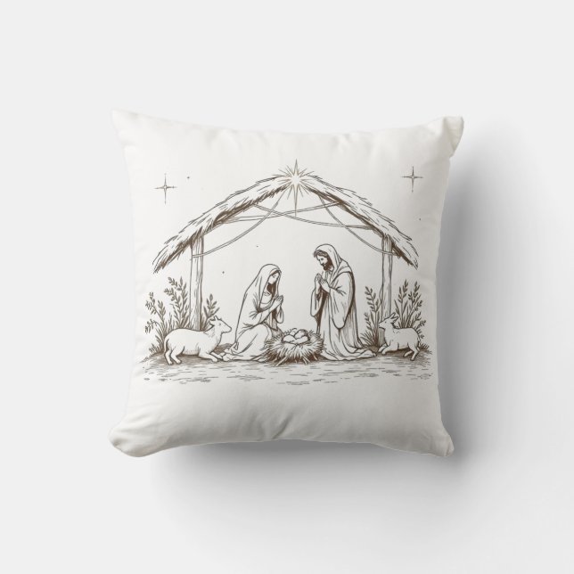 Cojín Decorativo "Silent Night Nativity – Sepia Sketch Throw Pillow (Anverso)