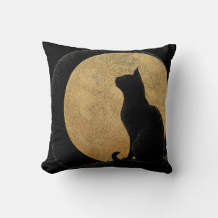 Cojín Decorativo Silhouette de gato negro contra una luna de oro