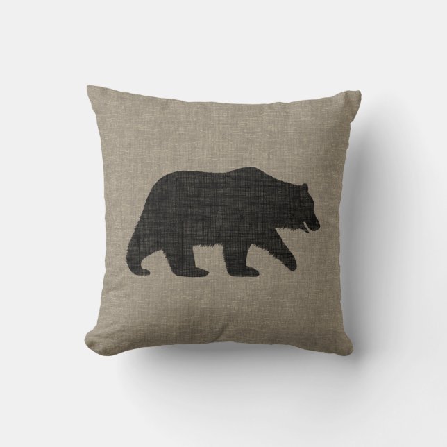 Cojín Decorativo Silhouette de oso pardo estilo burlap (Anverso)