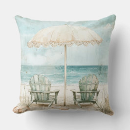 COJÍN DECORATIVO SILLAS DE PLAYA Y PARAGUAS VINTAGE DE ACUARELA