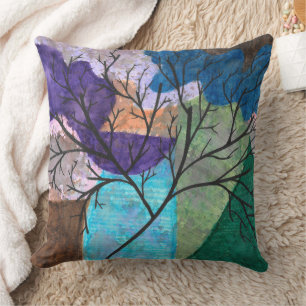 Cojín Decorativo Silueta de árbol abstracto sobre acuarela colorida