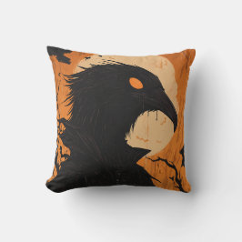 Cojín Decorativo Silueta de Cuervo Luna Llena Negro Naranja Hallowe