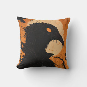 Cojín Decorativo Silueta de Cuervo Luna Llena Negro Naranja Hallowe