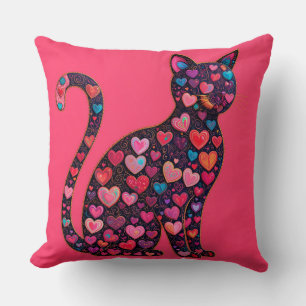 Cojín Decorativo Silueta de gato colorida decorada con corazones