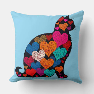 Cojín Decorativo Silueta de gato colorido con patrón de corazón vib