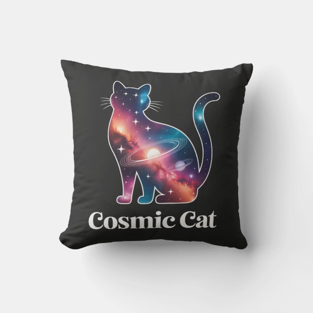 Cojín Decorativo Silueta de Gato Cósmico Galaxia Espacio Estrellas  (Anverso)