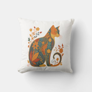 Cojín Decorativo Silueta de gato floral - Botánico vintage colorido