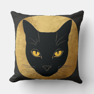 Cojín Decorativo Silueta de gato negro contra un círculo de oro