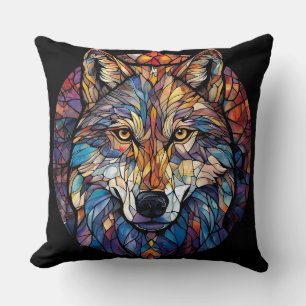 Cojín Decorativo Silueta de lobo colorida en vidrio emplomado de mo