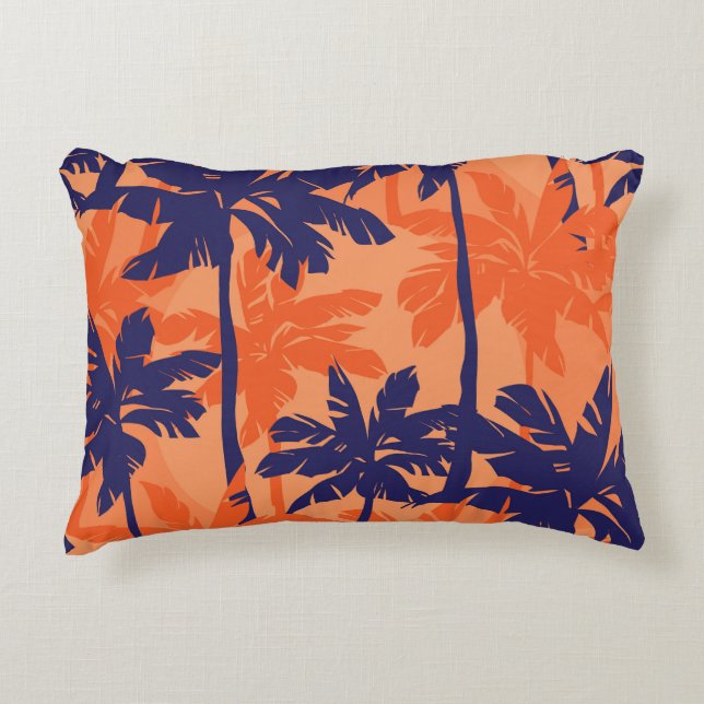 Cojín Decorativo Silueta de palmera azul, fondo naranja (Anverso)