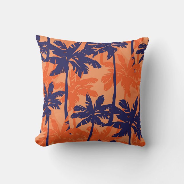 Cojín Decorativo Silueta de palmera azul, fondo naranja (Anverso)