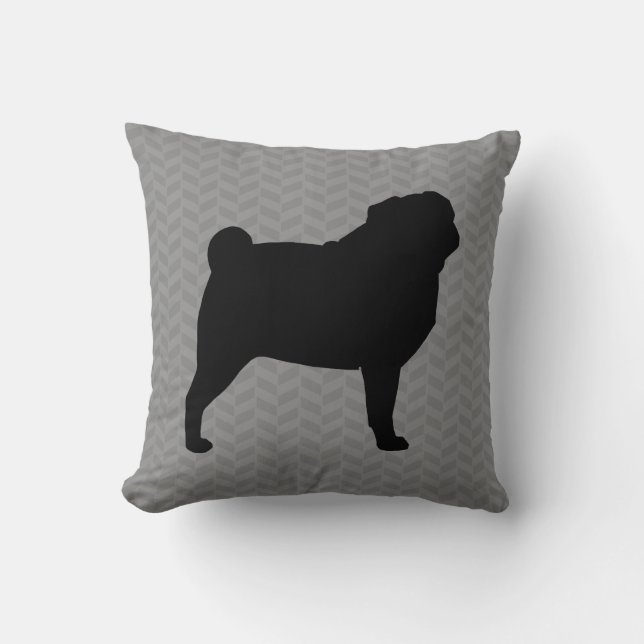 Cojín Decorativo Silueta de perro negro pug sobre hueso gris (Anverso)