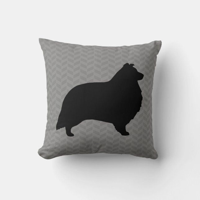 Cojín Decorativo Silueta de Sheepdog Shetland Gray Herringbone (Anverso)