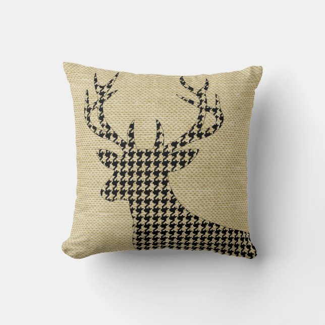 Cojín Decorativo Silueta Houndstoth Deer en Burlap | trigo (Anverso)