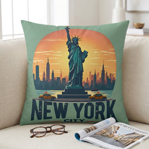 Cojín Decorativo Silueta retro de Nueva York con Estatua de la Libe