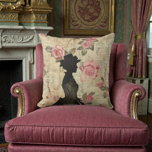 Cojín Decorativo Silueta Victoriana Antigua con Rosas Rosadas